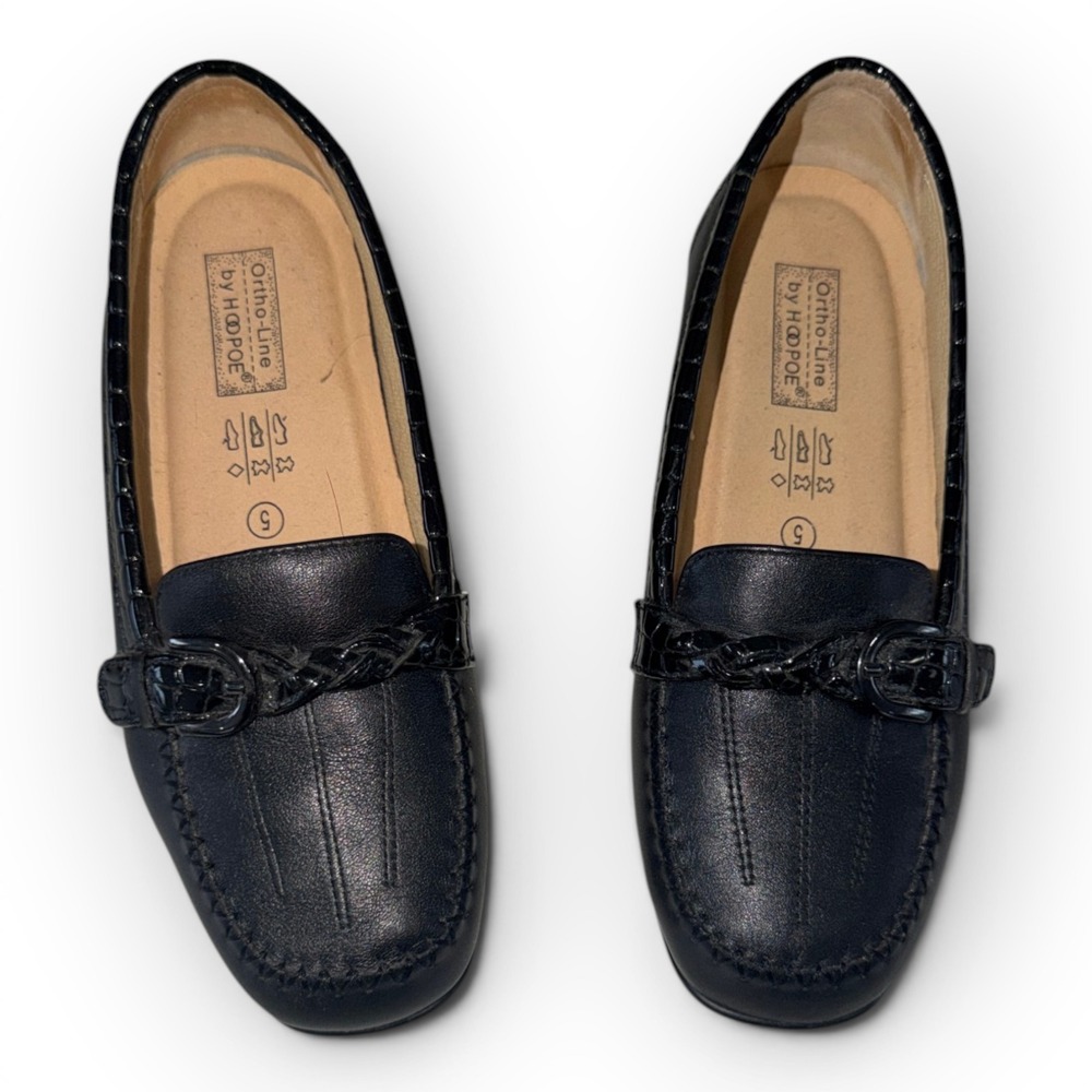 Ortho-Line by Hoopoe Womens Black Leather Croc Trim Buckle Loafers Size 5